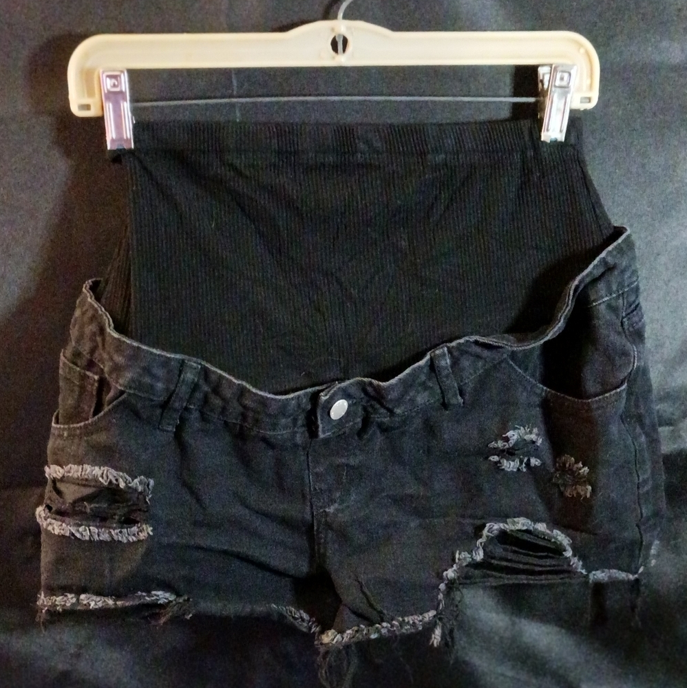 Black Distressed Maternity Denim Shorts | Over-Belly Panel | Stretch | Casual - Picture 2 of 9